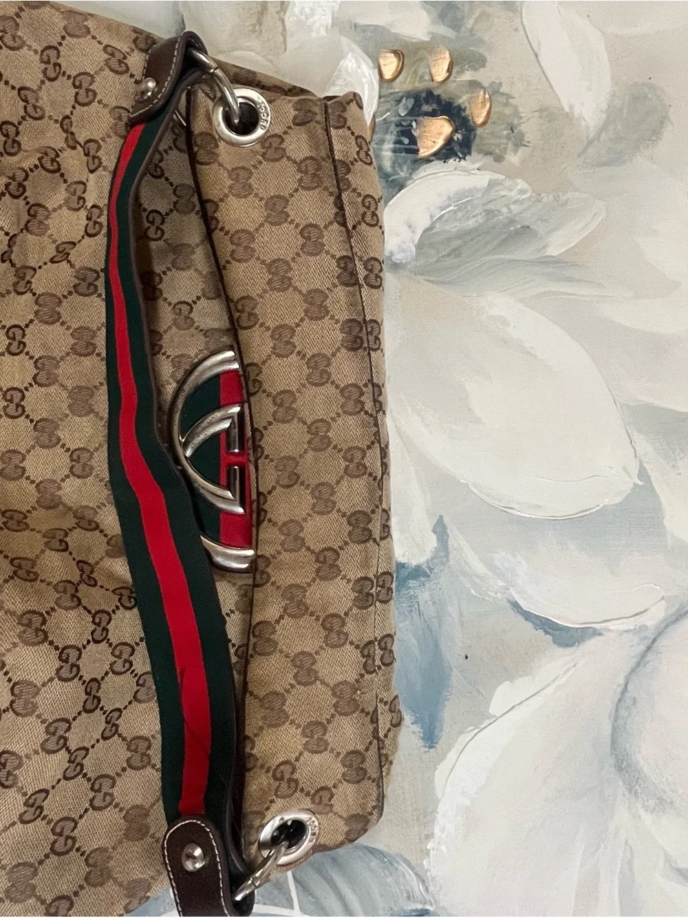 Gucci Beige GG Canvas Hobo with Brown Leather and Red-Green Web Accent